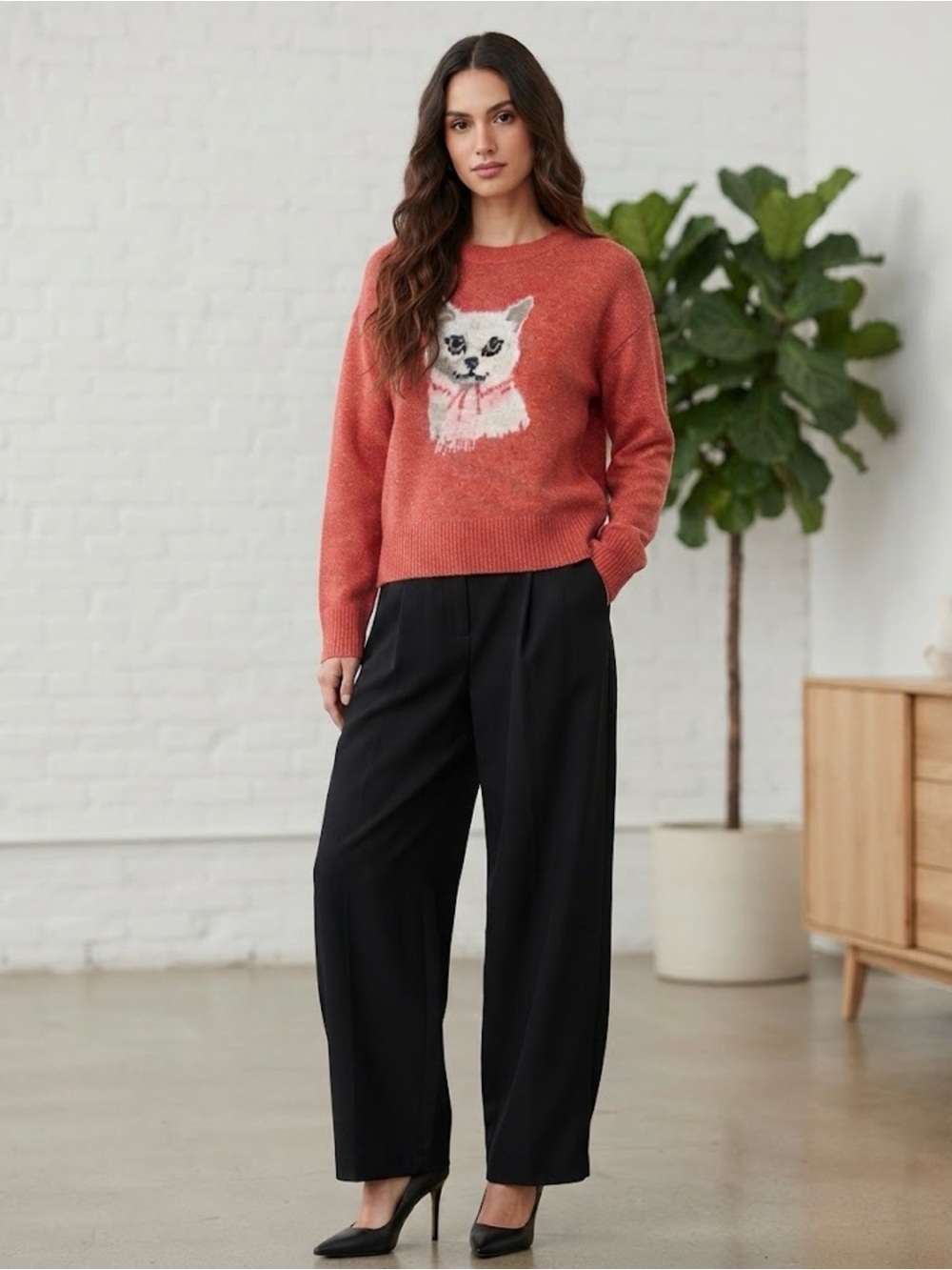 Esprit Red Cat Sweater with Playful Cat Graphic